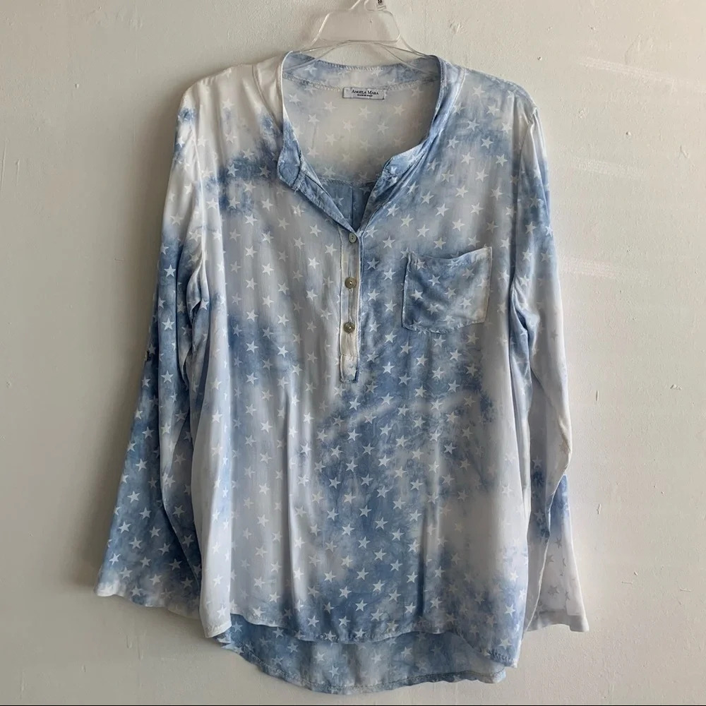 Angela Mara Star Tie Dye Patriotic Long Sleeve Top size S